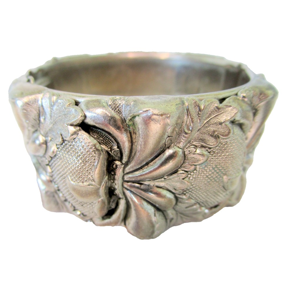 Vintage Vargas Signed Silver Tone Wide Hinged Bracelet Floral Raised Design